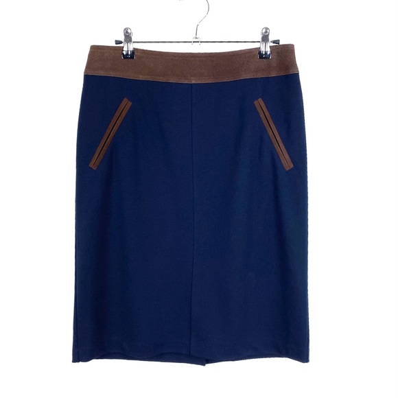 Club Monaco Dresses & Skirts - Club Monaco 100% Suede Leather Trim Skirt Women’s Size 6 Navy Blue Brown Pencil